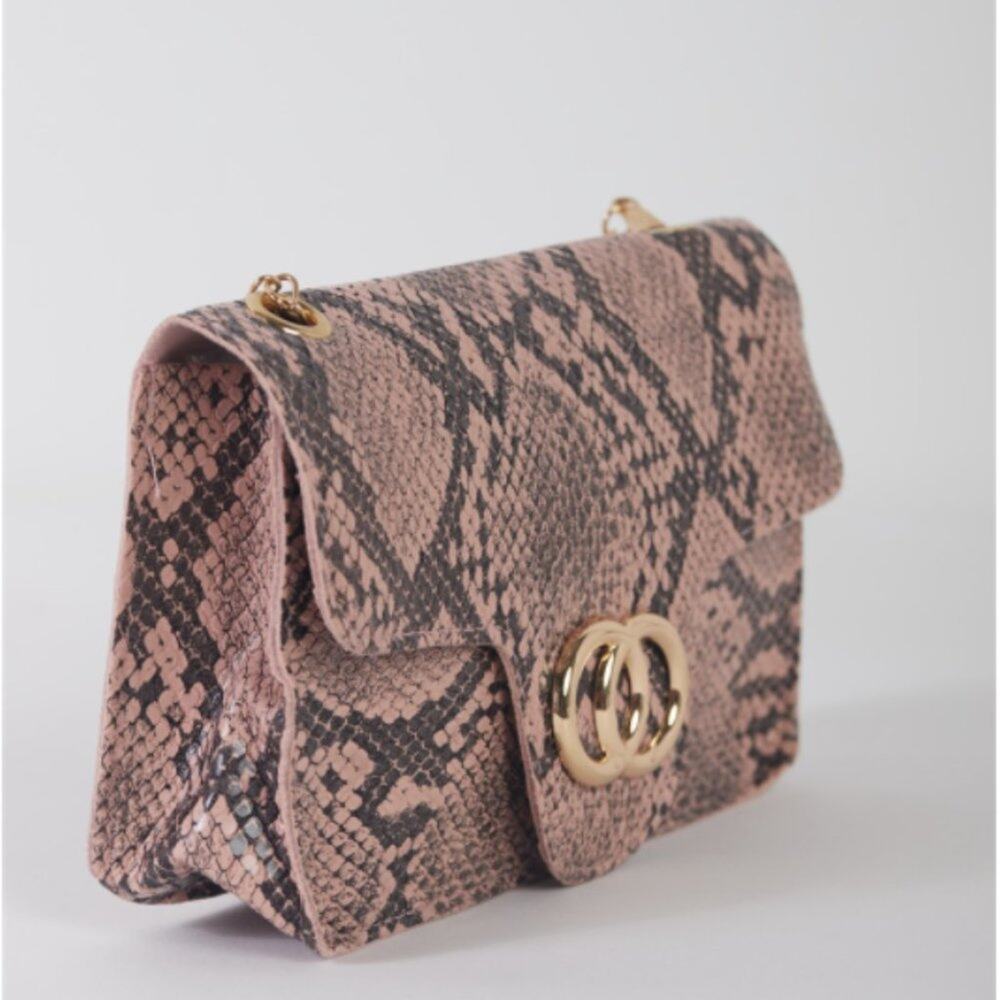 Blush Faux Snake Leather Metal Rings Gold Chain Crossbody Bag - Picture 3 of 12